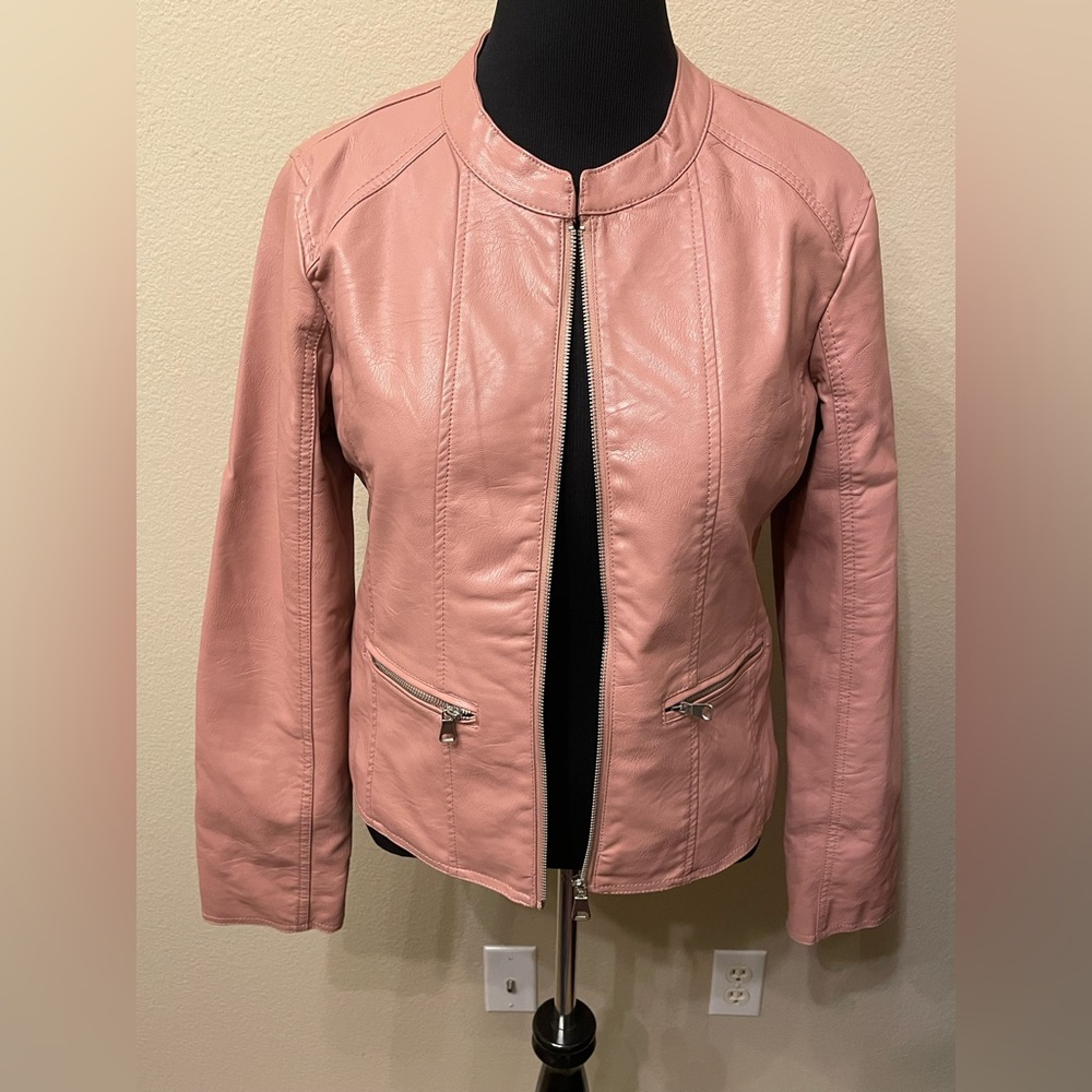 Cavalini Pink Vegan Leather Moto Zip Jacket Sz L Large